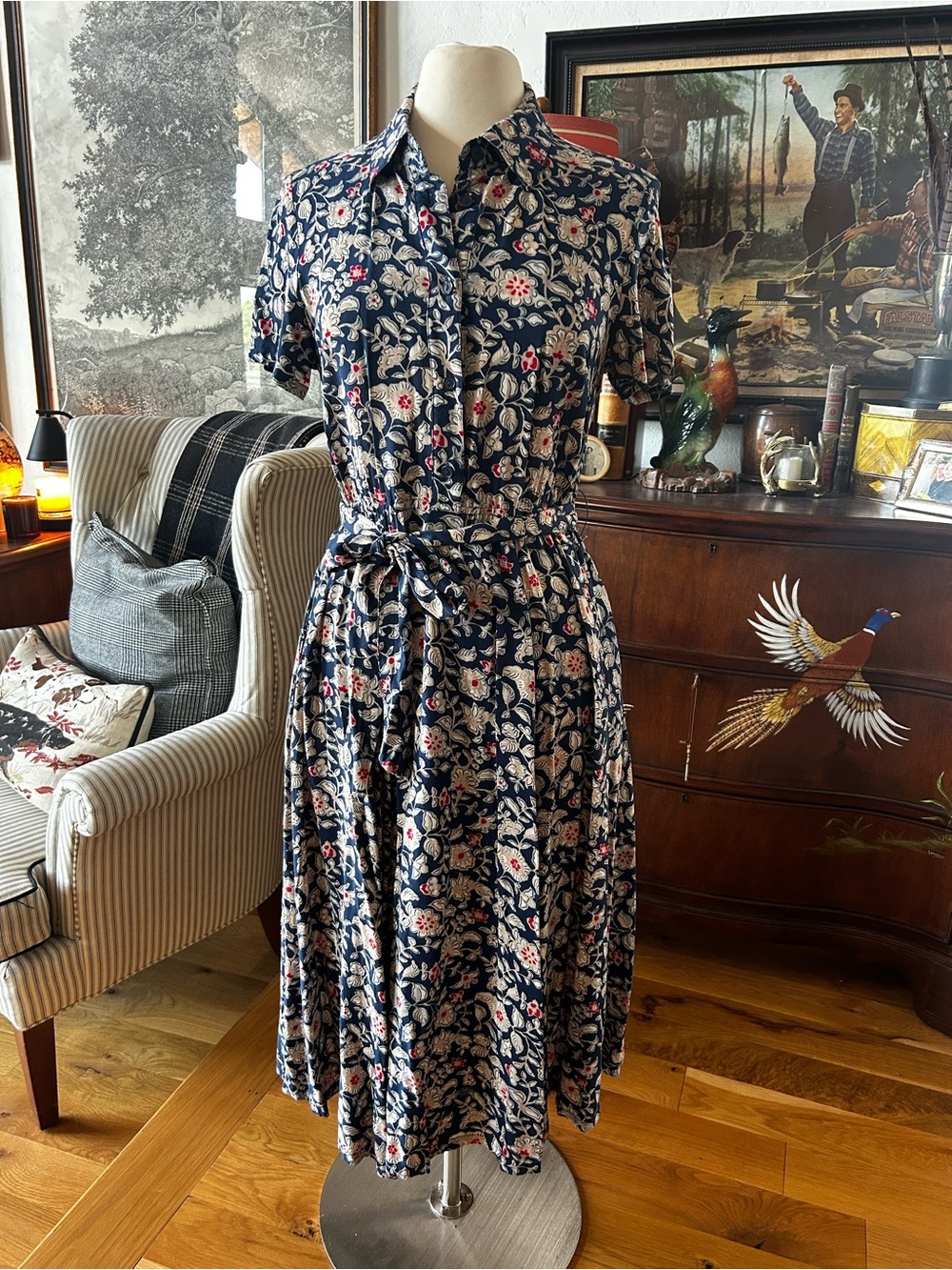 Orvis Navy Floral Shirtwaist Midi Dress with Waist Tie